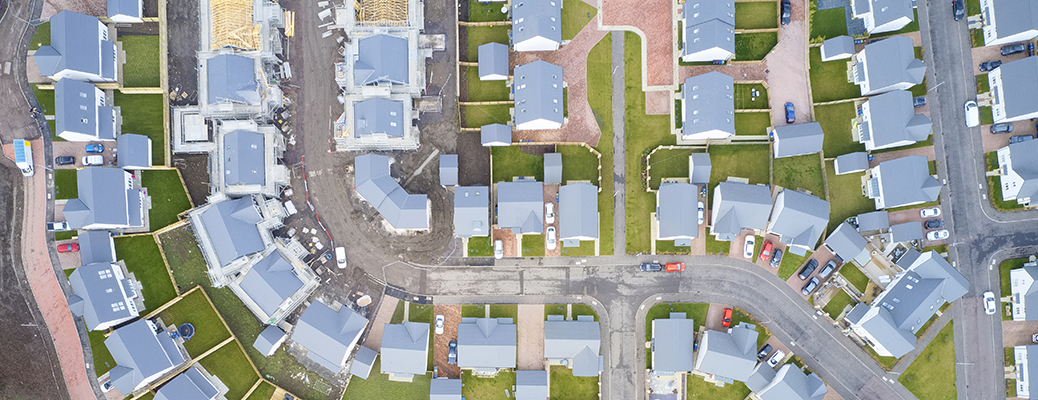 Aerial view of roofs in a housing estate.